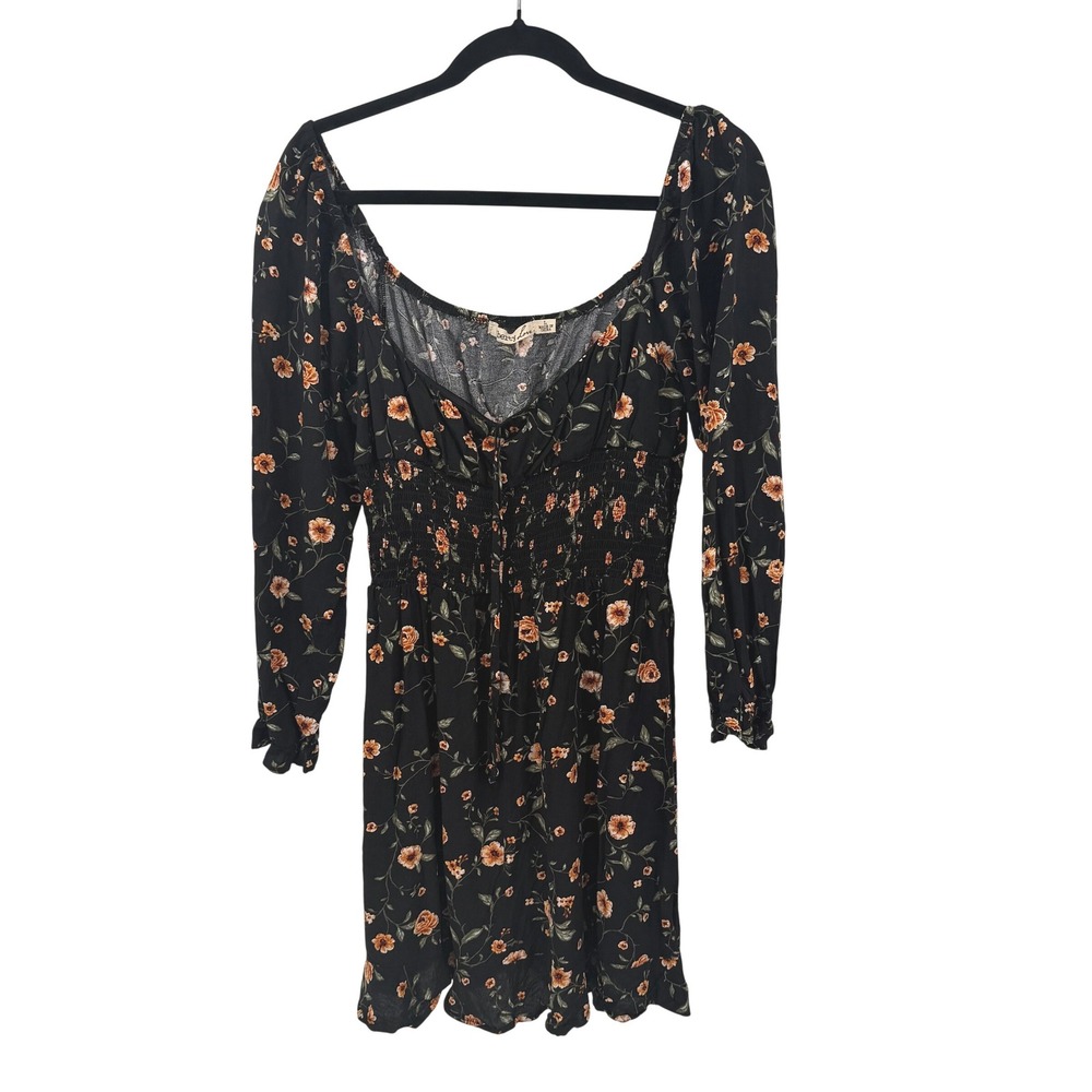 Liberty Love Womens L Mini Dress Black Smocked Long Sleeve Square Neck Boho‎